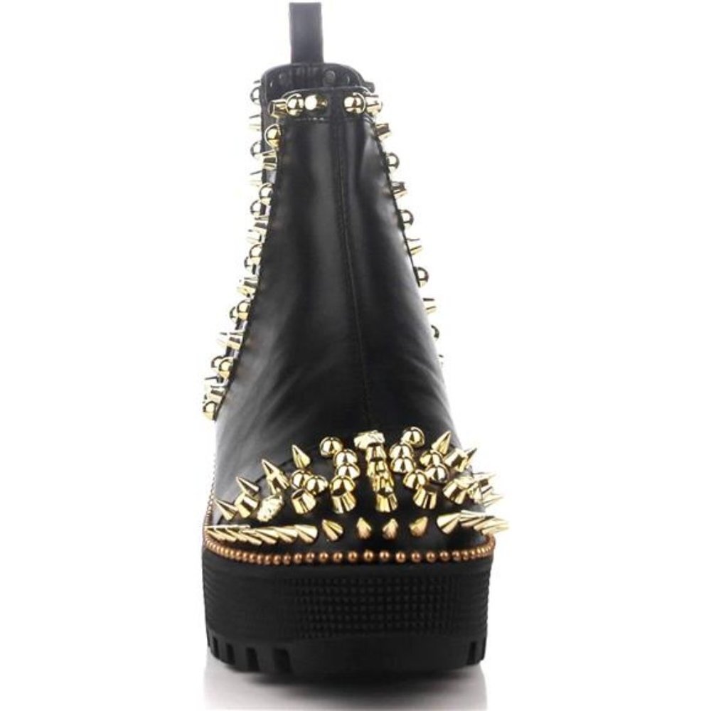 Women's Spiky Pull On Combat Boots - Picture 3 of 6